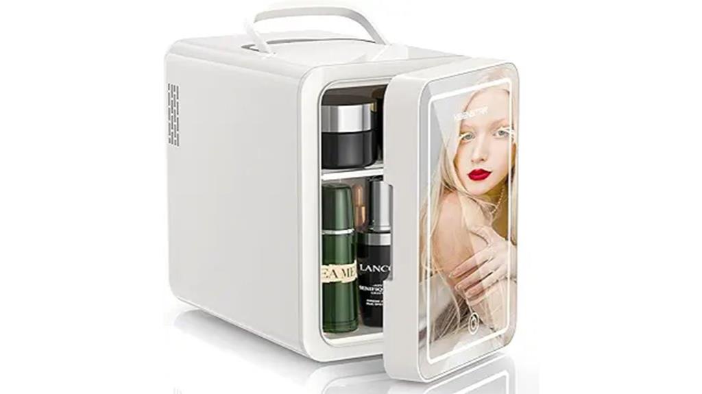 compact skincare fridge with mirror